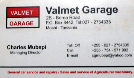 Visitenkarte Valmet Garage Moshi - Kilimanjaro House Langzeitparken